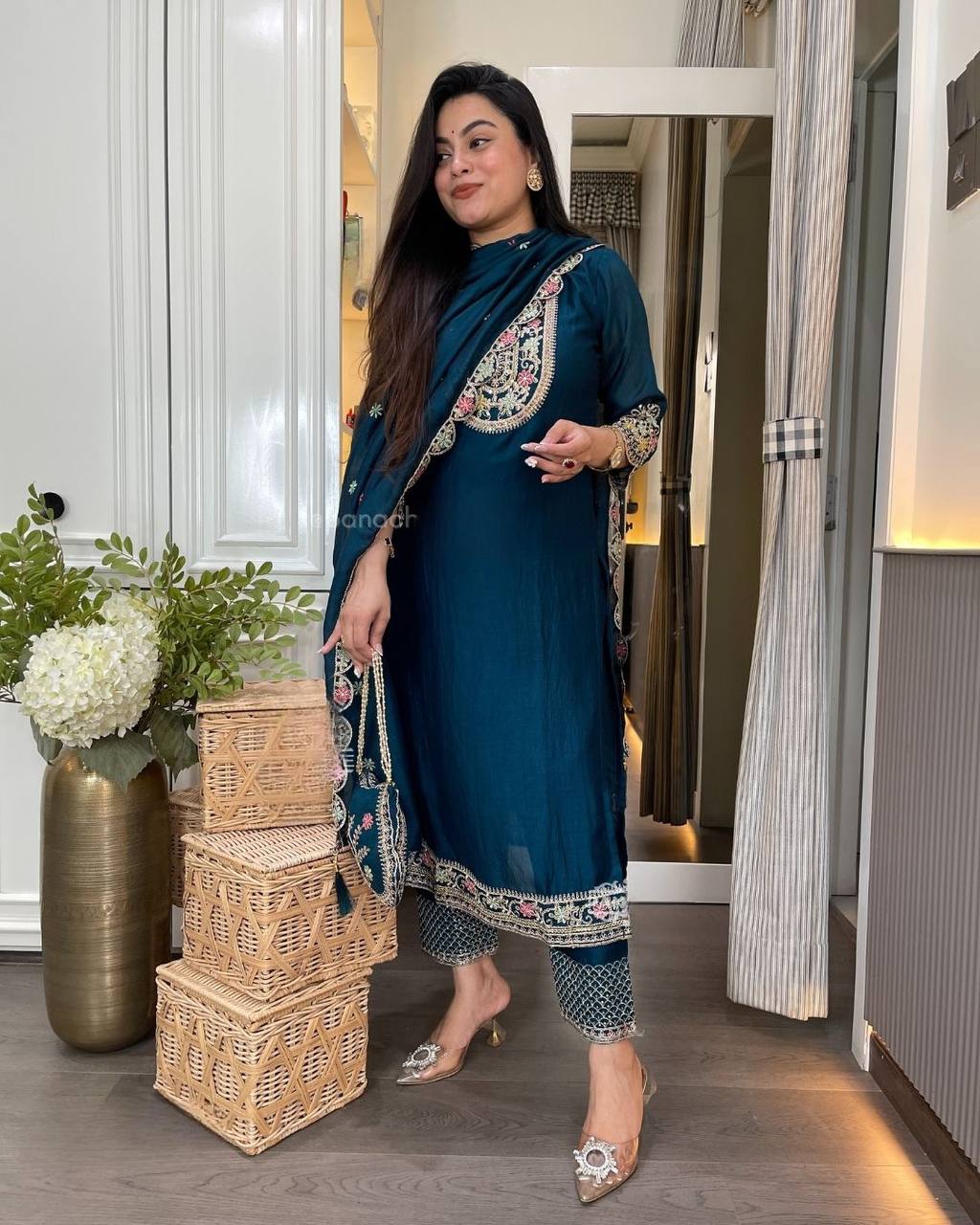 Embroidered Pure Chinon Silk Long Top, Pant & Dupatta Set with Sequence Work