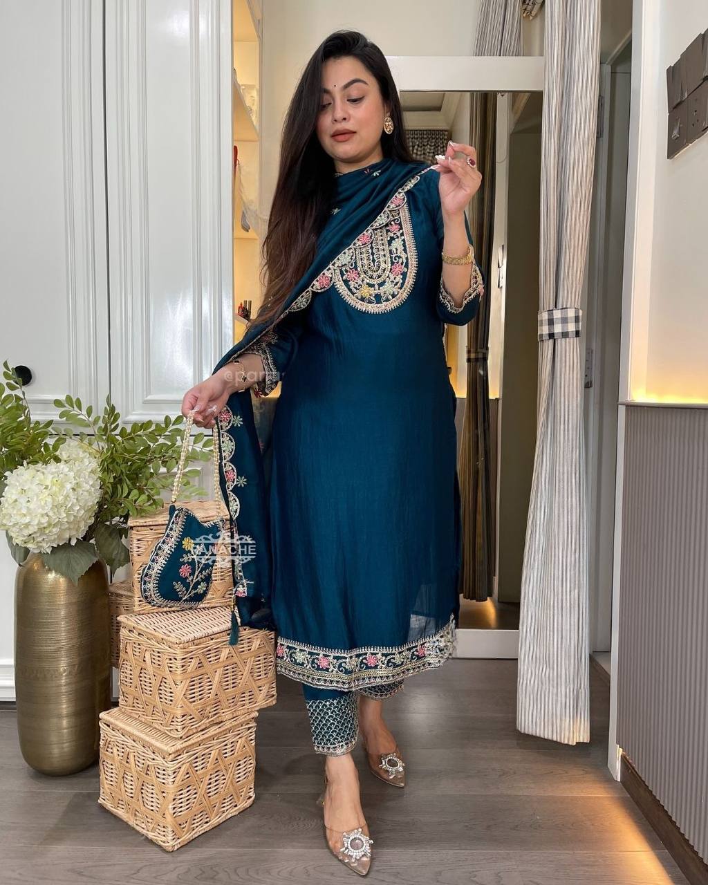 Embroidered Pure Chinon Silk Long Top, Pant & Dupatta Set with Sequence Work