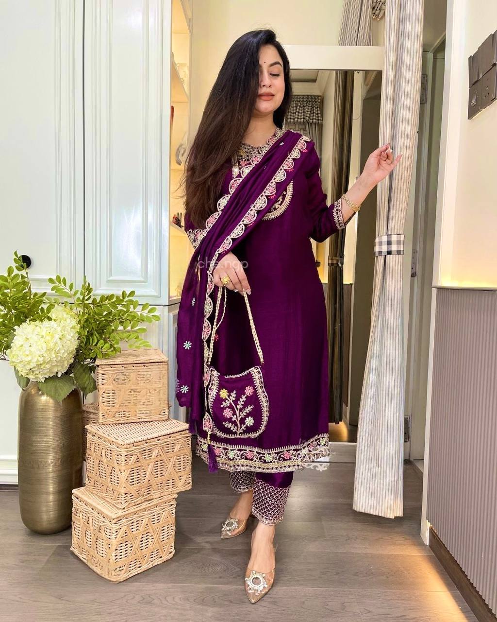 Embroidered Pure Chinon Silk Long Top, Pant & Dupatta Set with Sequence Work