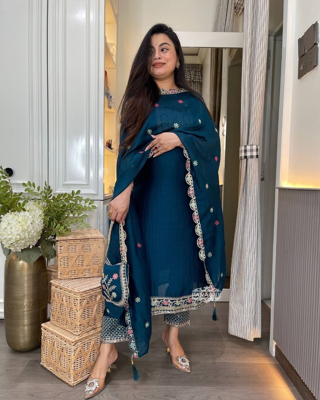 Embroidered Pure Chinon Silk Long Top, Pant & Dupatta Set with Sequence Work