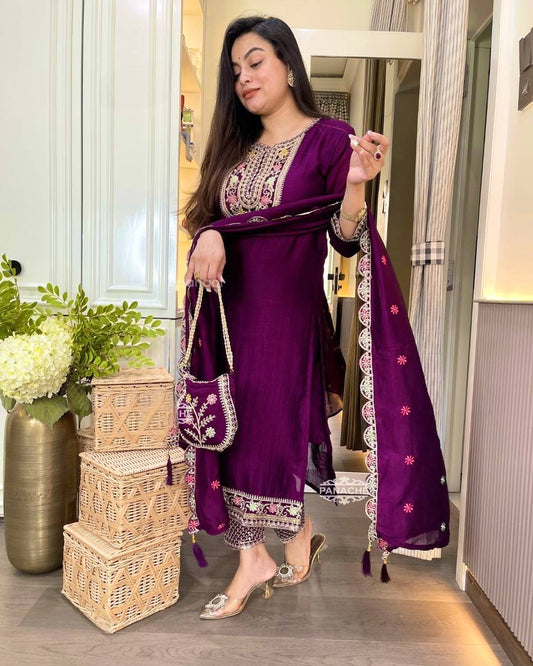 Embroidered Pure Chinon Silk Long Top, Pant & Dupatta Set with Sequence Work