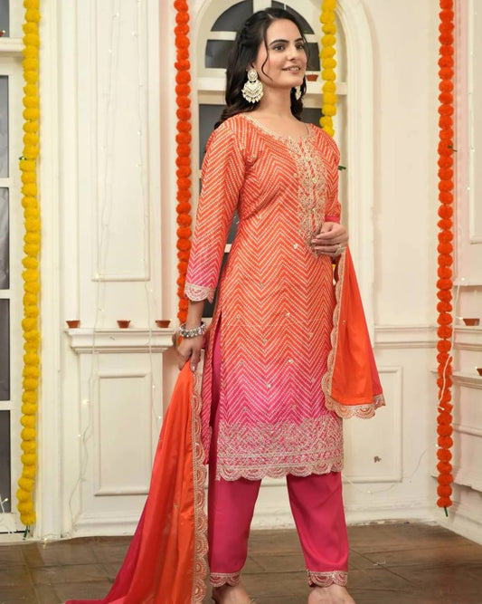 Designer Party Wear Kurti and Pant with Heavy Chinon Silk Embroidery and Digital Work