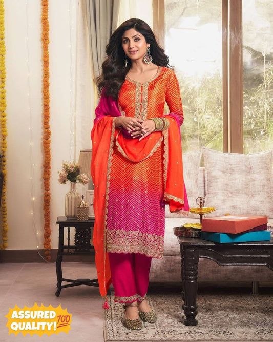 Designer Party Wear Kurti and Pant with Heavy Chinon Silk Embroidery and Digital Work