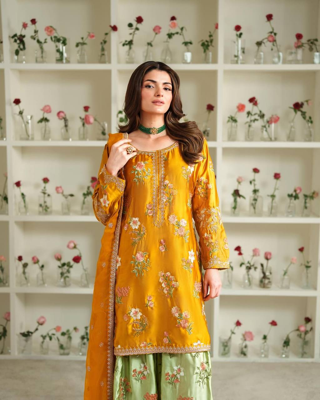 Designer Party Wear Set Featuring Heavy French Crepe Top and Sharara with Embroidery and Dupatta