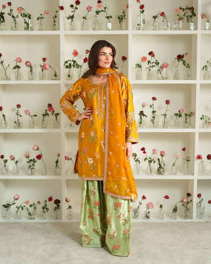 Designer Party Wear Set Featuring Heavy French Crepe Top and Sharara with Embroidery and Dupatta