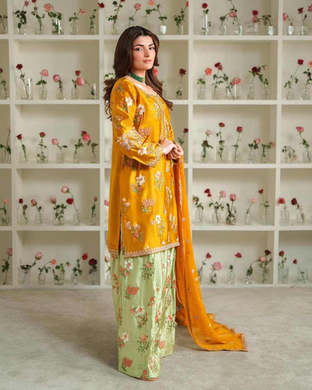 Designer Party Wear Set Featuring Heavy French Crepe Top and Sharara with Embroidery and Dupatta