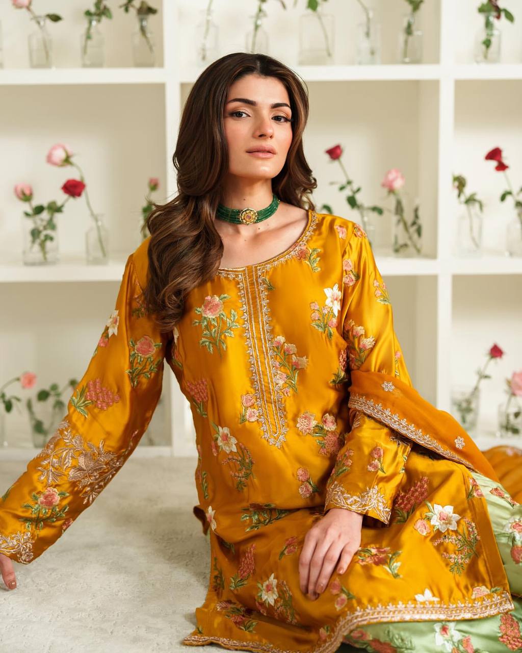 Designer Party Wear Set Featuring Heavy French Crepe Top and Sharara with Embroidery and Dupatta
