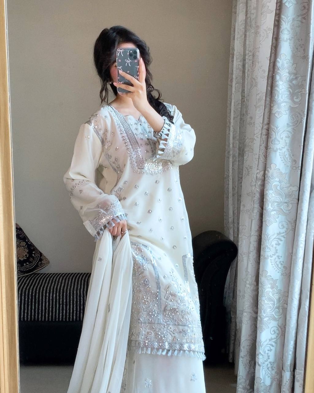 Fancy Party Wear Georgette Top and Palazzo with Hand Embroidery and Sequence Dupatta