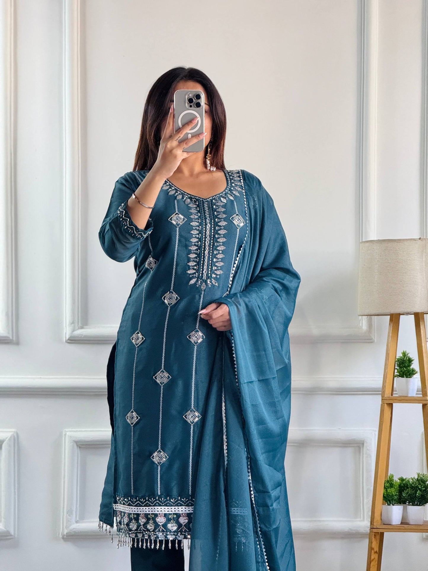 Designer Party Wear Blue Star Georgette Top and Pant Set with Moti Embroidery and Fancy Dupatta