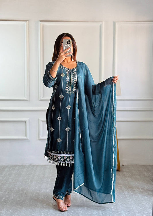Designer Party Wear Blue Star Georgette Top and Pant Set with Moti Embroidery and Fancy Dupatta