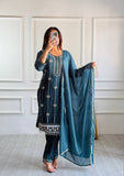 Designer Party Wear Blue Star Georgette Top and Pant Set with Moti Embroidery and Fancy Dupatta