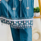 Designer Party Wear Blue Star Georgette Top and Pant Set with Moti Embroidery and Fancy Dupatta