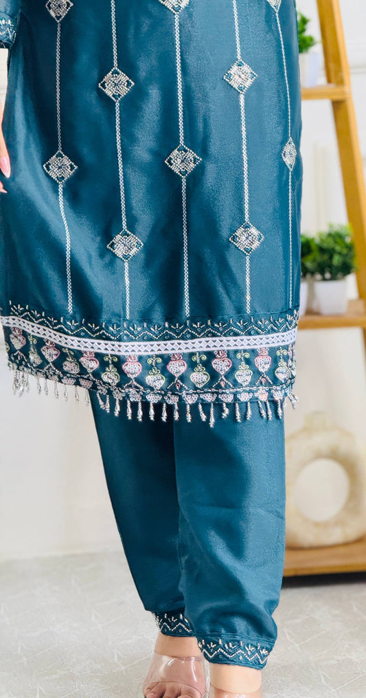 Designer Party Wear Blue Star Georgette Top and Pant Set with Moti Embroidery and Fancy Dupatta