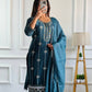 Designer Party Wear Blue Star Georgette Top and Pant Set with Moti Embroidery and Fancy Dupatta