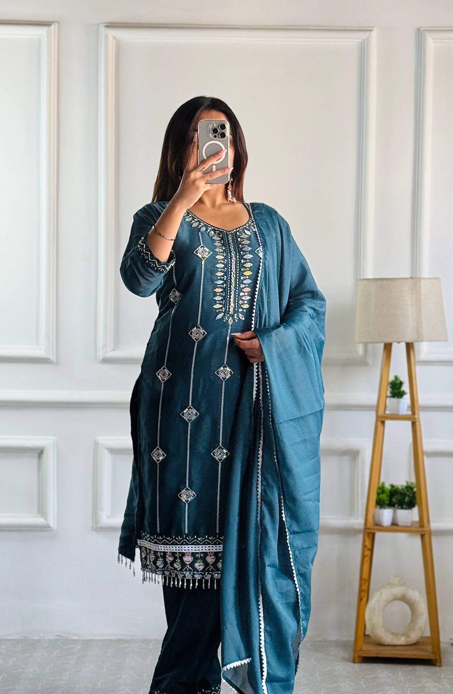 Designer Party Wear Blue Star Georgette Top and Pant Set with Moti Embroidery and Fancy Dupatta