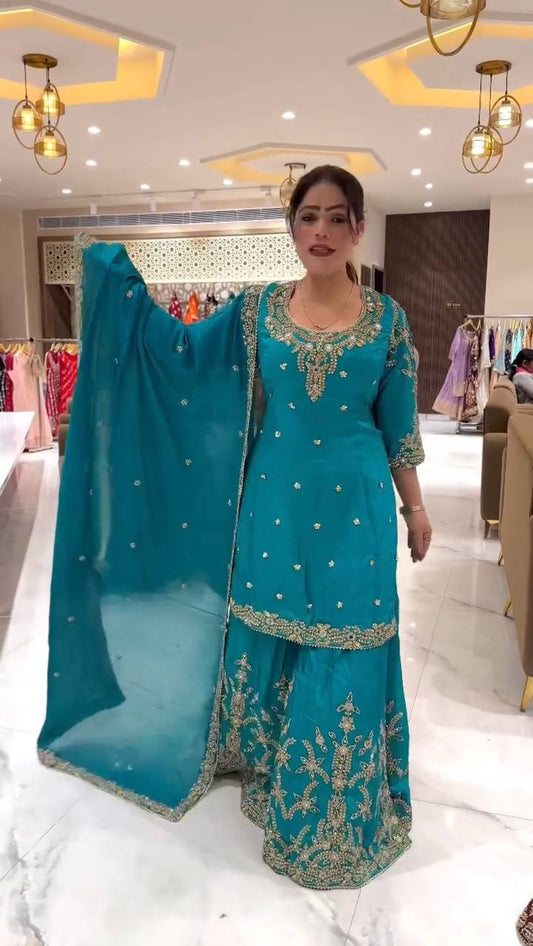 Partywear Sharara Ensemble with Moti Embroidery and Border Detailing