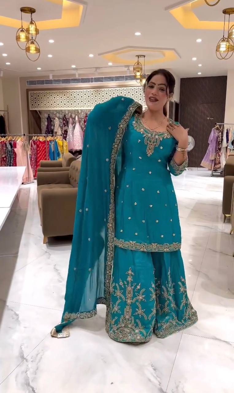 Partywear Sharara Ensemble with Moti Embroidery and Border Detailing