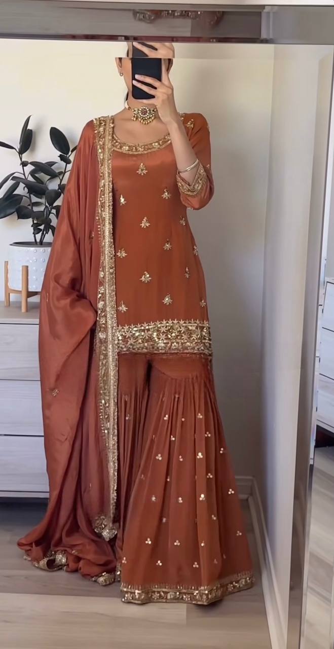 Designer Ethnic Sharara Suit in Crepe with Sequence Work and Latkan Dori