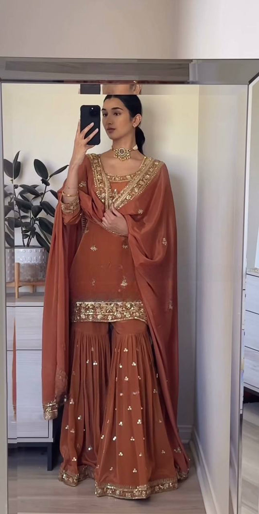 Designer Ethnic Sharara Suit in Crepe with Sequence Work and Latkan Dori