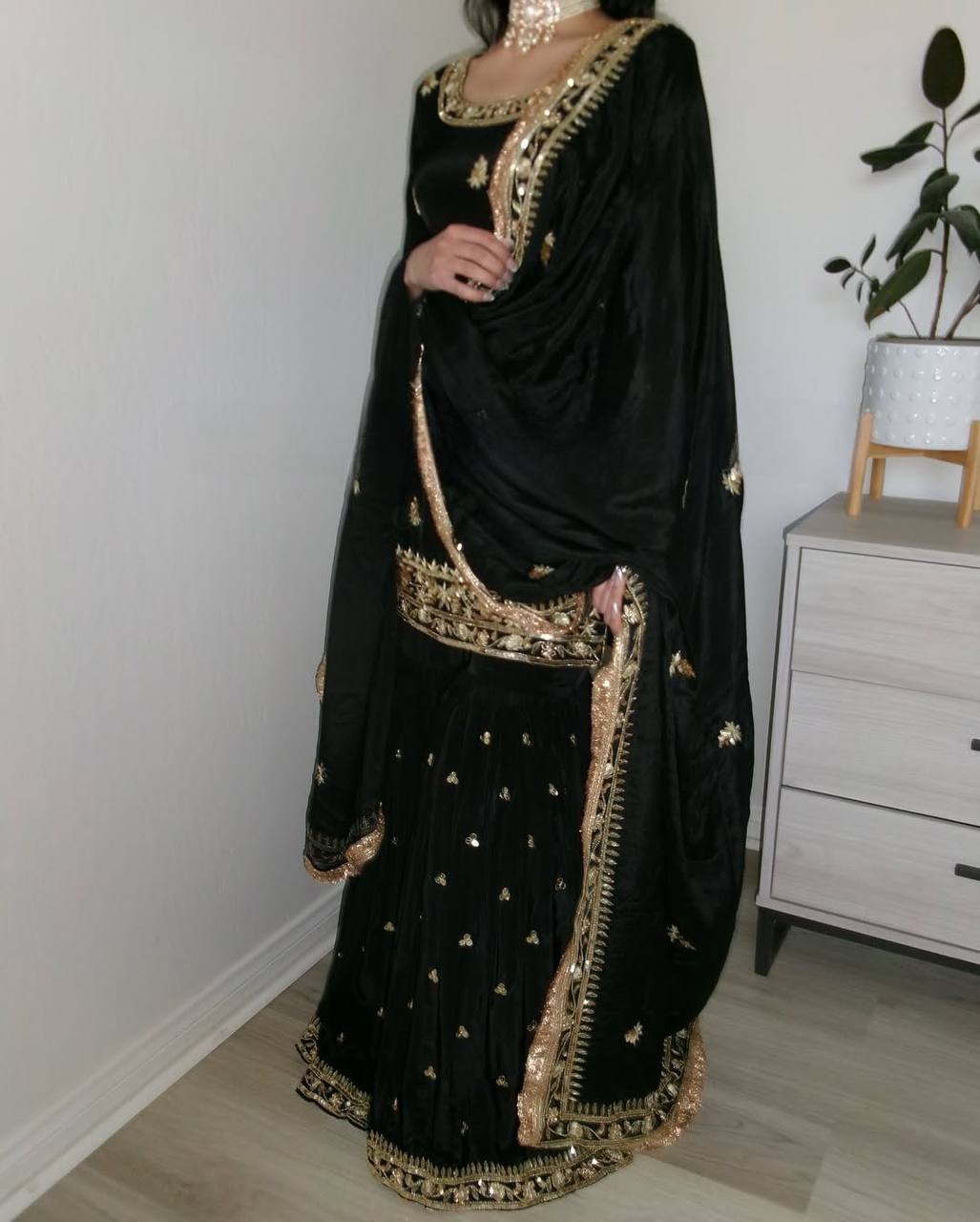 Designer Ethnic Sharara Suit in Crepe with Sequence Work and Latkan Dori