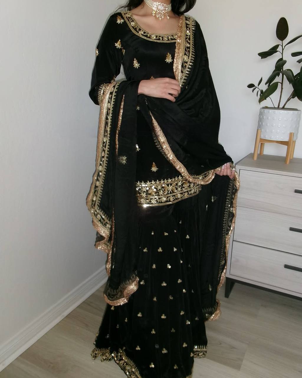 Designer Ethnic Sharara Suit in Crepe with Sequence Work and Latkan Dori