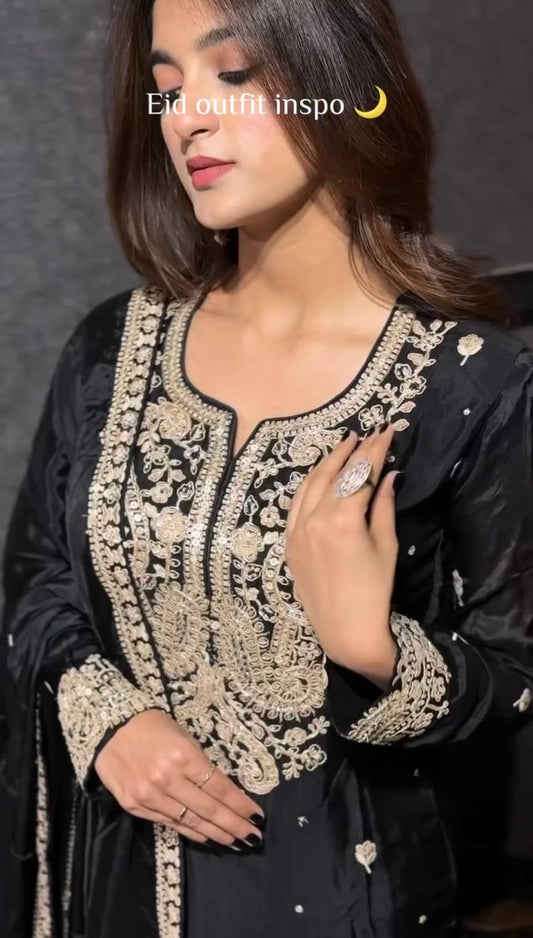 New Designer Party Wear Chinon Silk Top and Sharara Set with Embroidered Dupatta