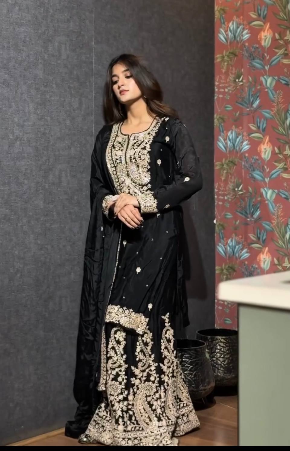 New Designer Party Wear Chinon Silk Top and Sharara Set with Embroidered Dupatta