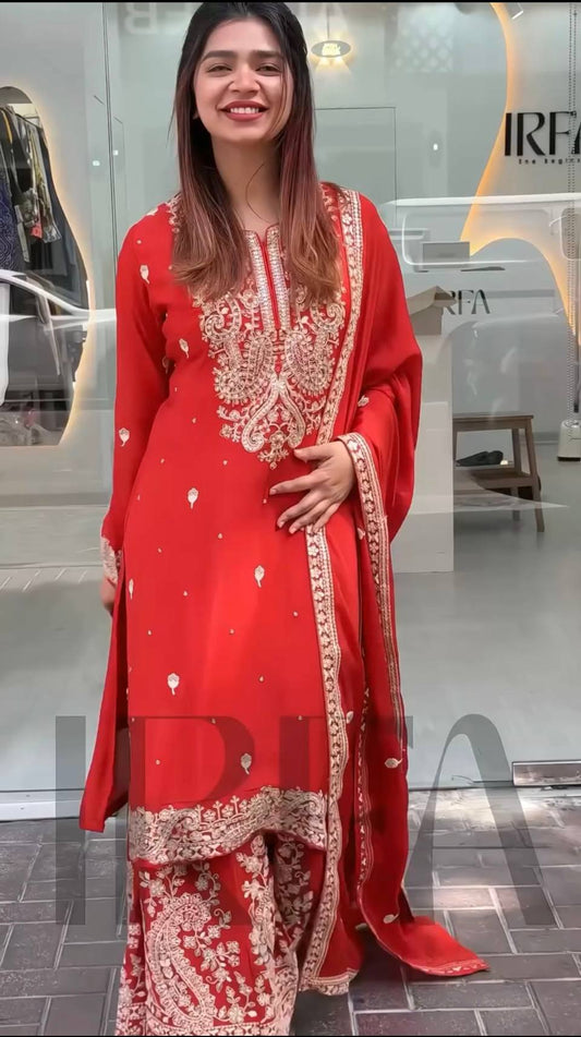 New Designer Party Wear Chinon Silk Top and Sharara Set with Embroidered Dupatta