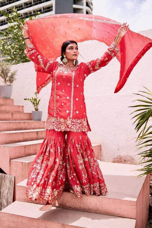 Elegant Pure Chinon Silk Sharara Set with Full Sleeve Embroidered Top and Coordinated Dupatta - Jaipur Blossom