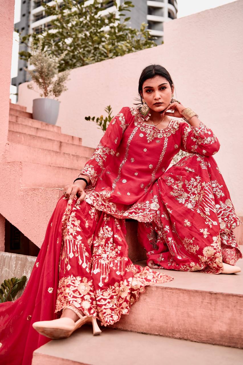 Elegant Pure Chinon Silk Sharara Set with Full Sleeve Embroidered Top and Coordinated Dupatta - Jaipur Blossom