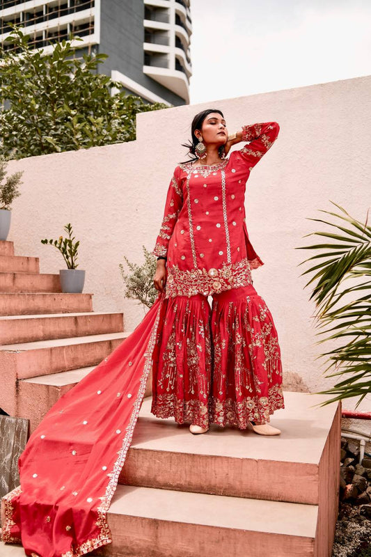 Elegant Pure Chinon Silk Sharara Set with Full Sleeve Embroidered Top and Coordinated Dupatta - Jaipur Blossom