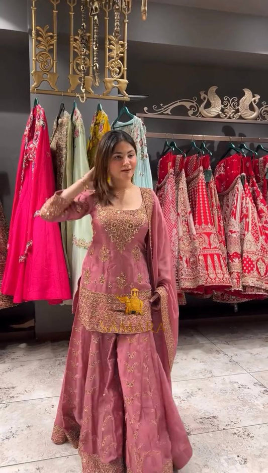 Fully Stitched Partywear Pink Chinon Silk Palazzo Set Featuring Heavy Embroidery & Sequin Detailing - Jaipur Blossom