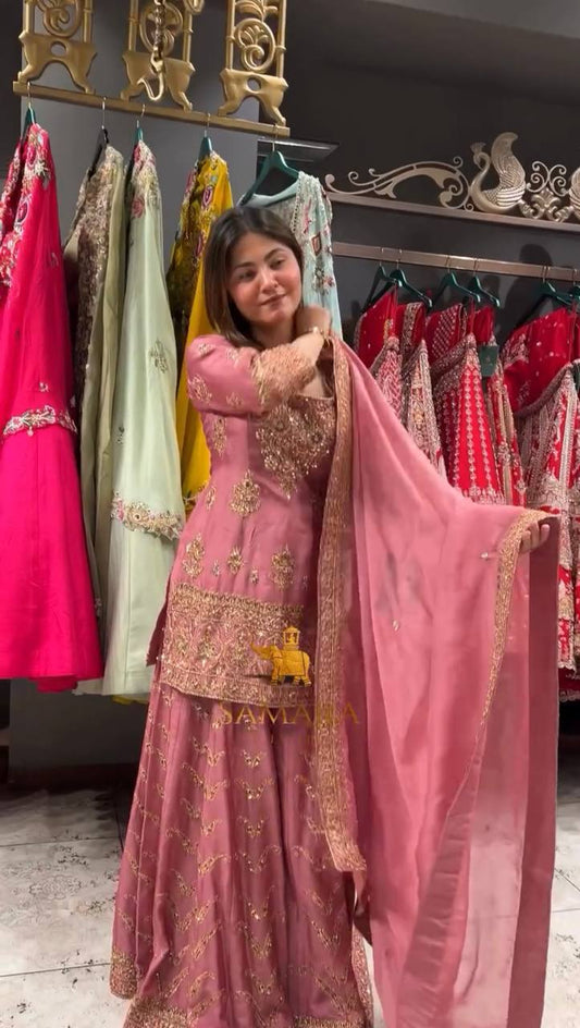 Fully Stitched Partywear Pink Chinon Silk Palazzo Set Featuring Heavy Embroidery & Sequin Detailing - Jaipur Blossom