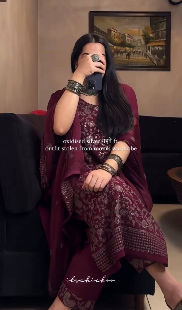 Fancy Ready-to-Wear Sequence Embroidered Faux Georgette Top and Bottom with Dupatta
