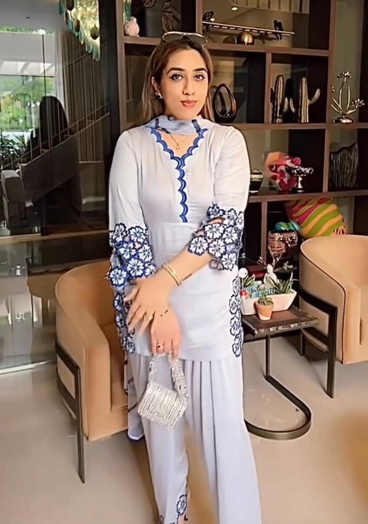 Party Wear Designer White Top and Farsi Salwar with Embroidery and Fancy Dupatta