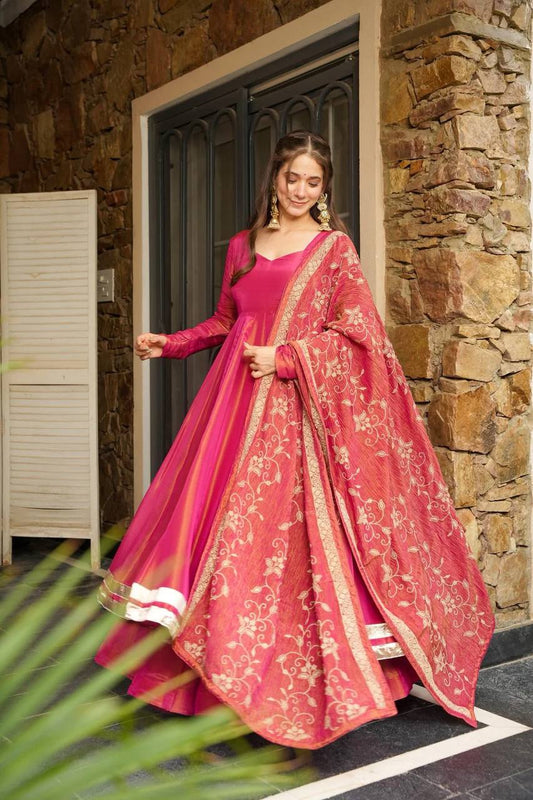 Stylish Pure Cosmos Gown with Embellished Sleeves and Comfortable Plazzo