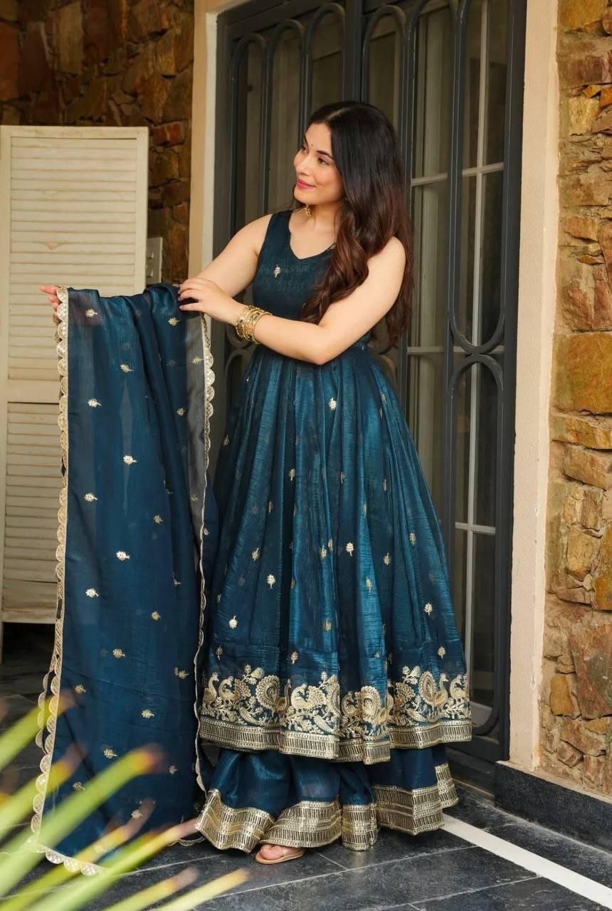 Graceful Gold Crazy Fabric Sharara Suit Set with Intricate Embroidery, Sequence Work, and Coordinated Dupatta - Jaipur Blossom