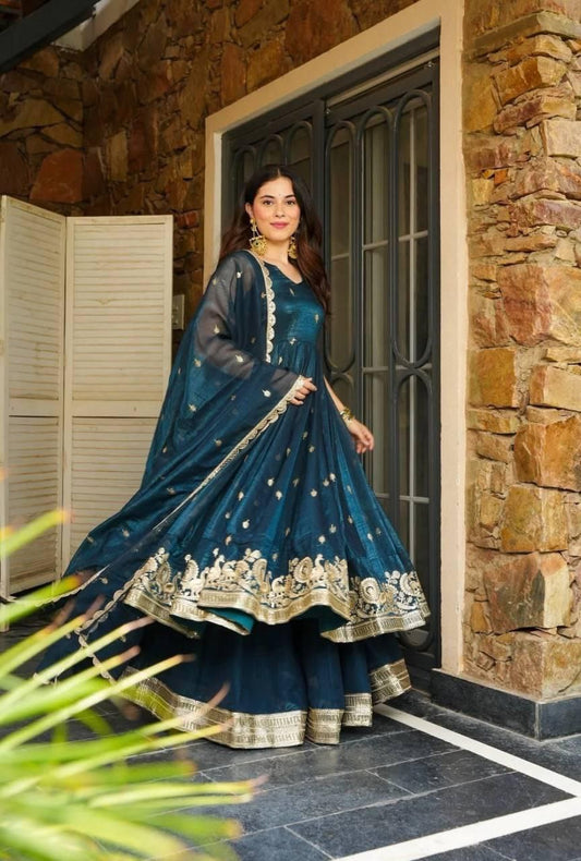 Graceful Gold Crazy Fabric Sharara Suit Set with Intricate Embroidery, Sequence Work, and Coordinated Dupatta - Jaipur Blossom