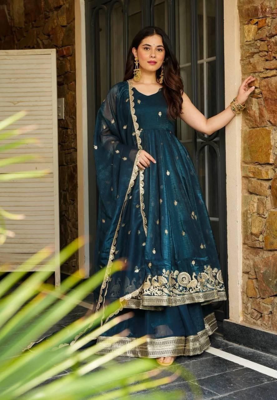 Graceful Gold Crazy Fabric Sharara Suit Set with Intricate Embroidery, Sequence Work, and Coordinated Dupatta - Jaipur Blossom