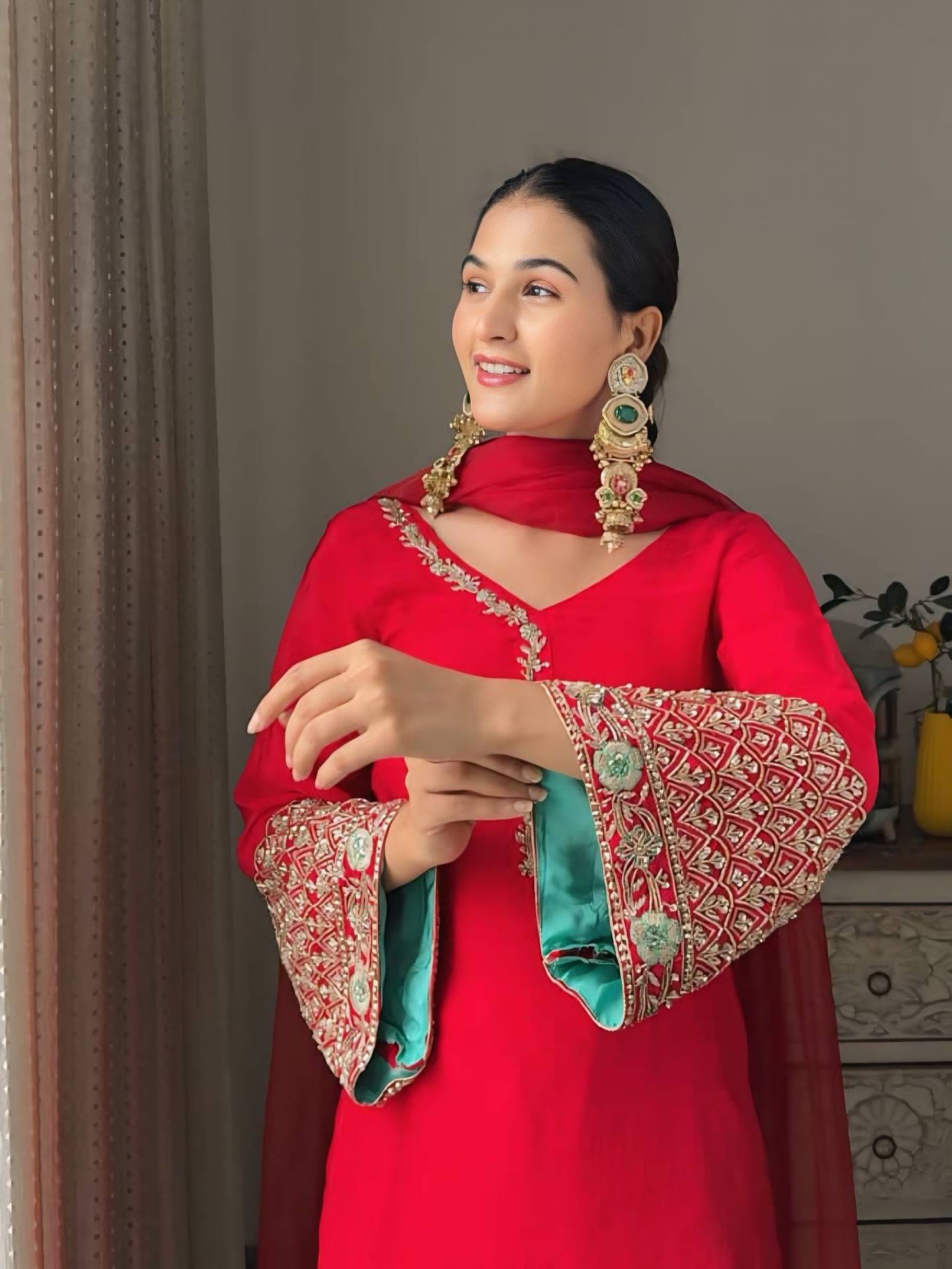 Party Wear Farsi Style Top and Salwar in Heavy Fox Georgette with Embroidered Dupatta