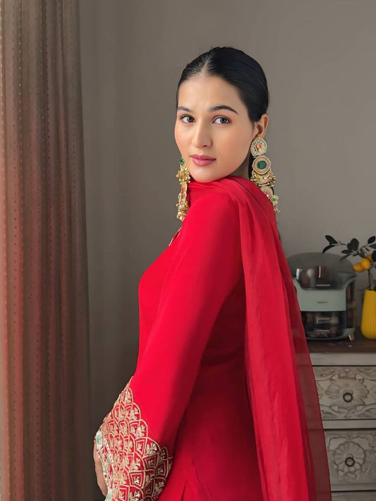 Party Wear Farsi Style Top and Salwar in Heavy Fox Georgette with Embroidered Dupatta