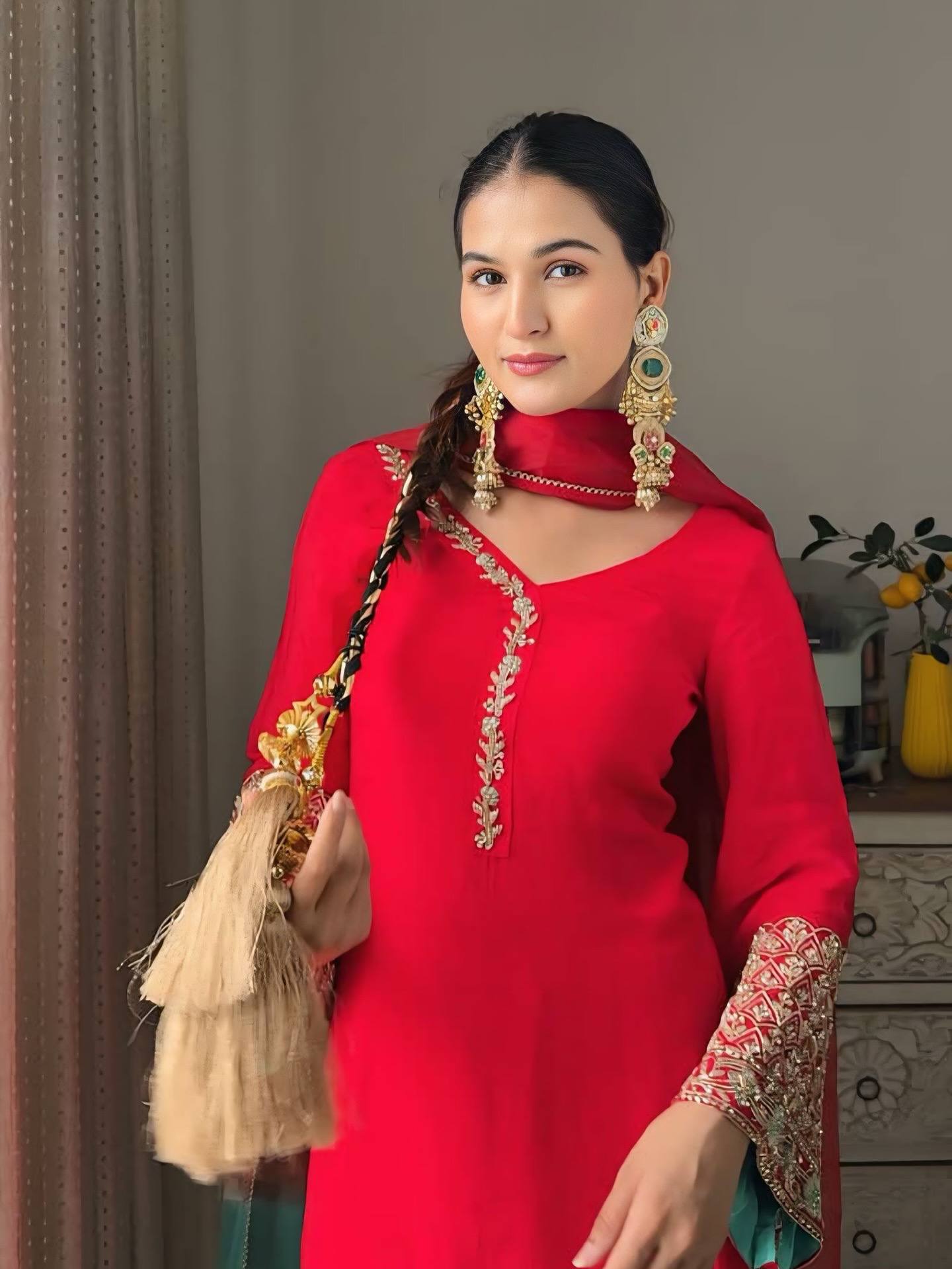 Party Wear Farsi Style Top and Salwar in Heavy Fox Georgette with Embroidered Dupatta