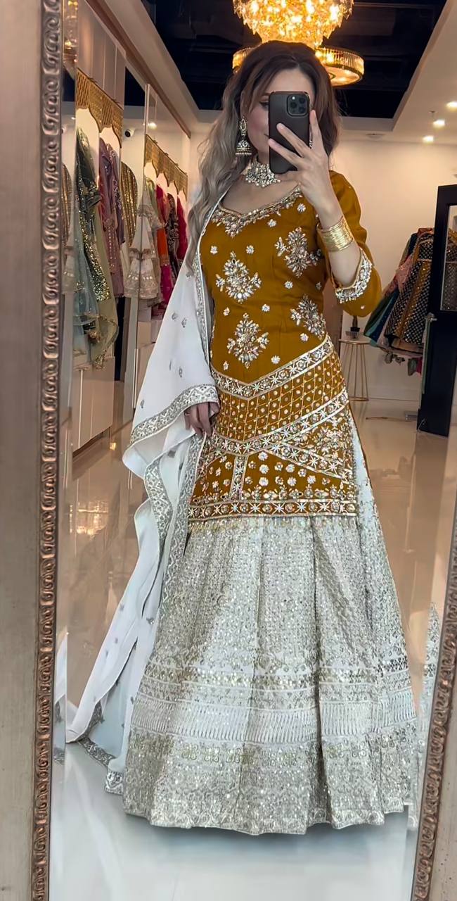 Gold-Toned Designer Lehenga Choli Set in Chinon Silk with Zari & Sequin Embroidery