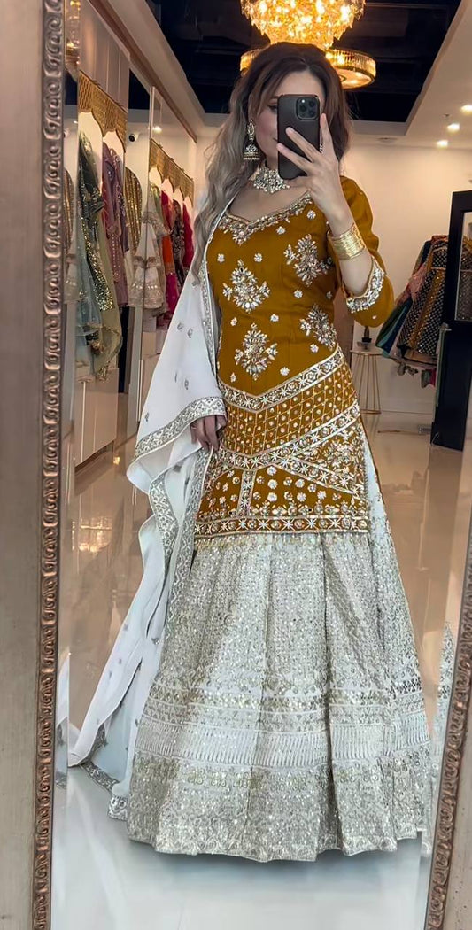 Gold-Toned Designer Lehenga Choli Set in Chinon Silk with Zari & Sequin Embroidery
