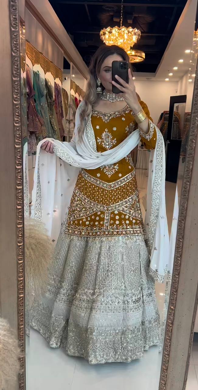 Gold-Toned Designer Lehenga Choli Set in Chinon Silk with Zari & Sequin Embroidery