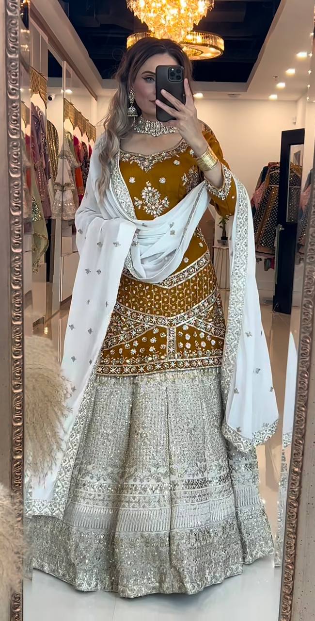 Gold-Toned Designer Lehenga Choli Set in Chinon Silk with Zari & Sequin Embroidery
