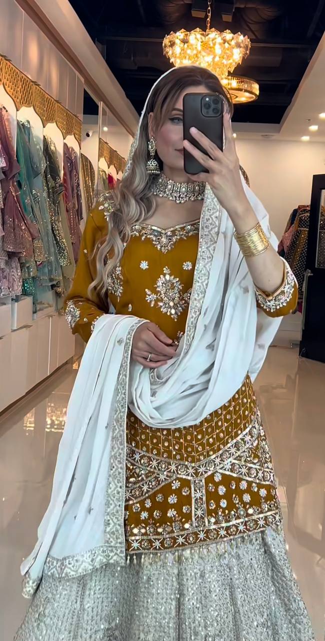 Gold-Toned Designer Lehenga Choli Set in Chinon Silk with Zari & Sequin Embroidery
