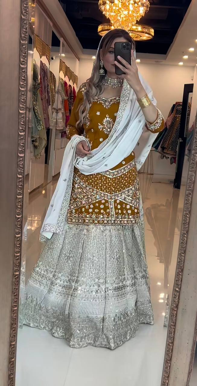 Gold-Toned Designer Lehenga Choli Set in Chinon Silk with Zari & Sequin Embroidery