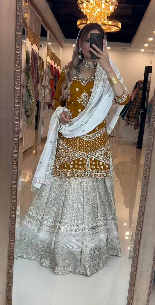 Gold-Toned Designer Lehenga Choli Set in Chinon Silk with Zari & Sequin Embroidery