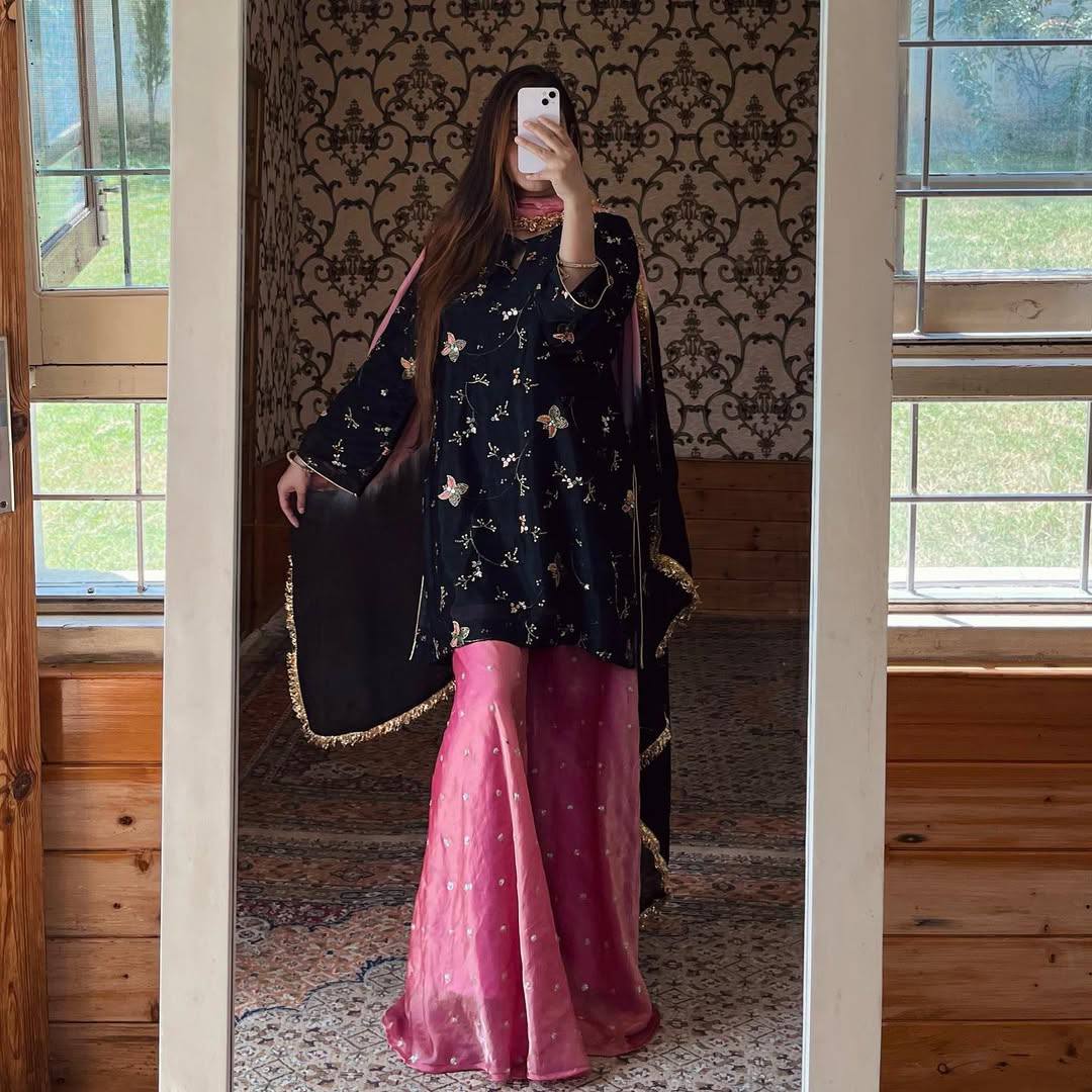 Designer Heavy Crush Silk Party Set with Full-Sleeved Top, Garara Palazzo, and Matching Dupatta
